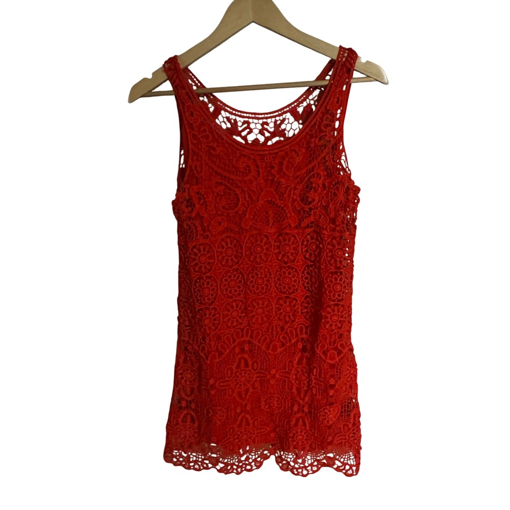 LC Lauren Conrad Women Red Floral Crochet Sleeveless Lined Dress Size M
